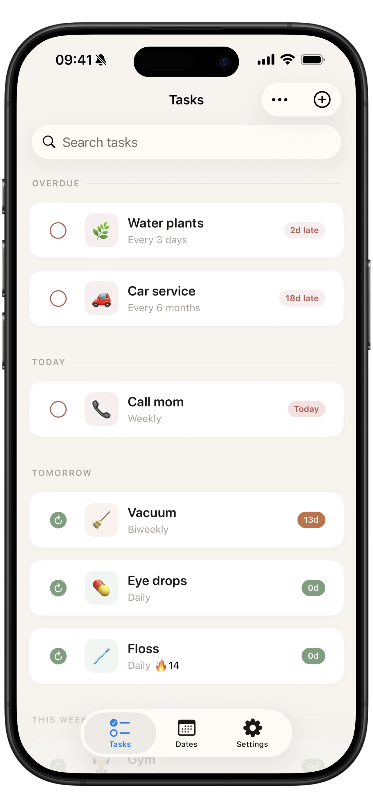 Lapse tasks screen showing recurring tasks at a glance.