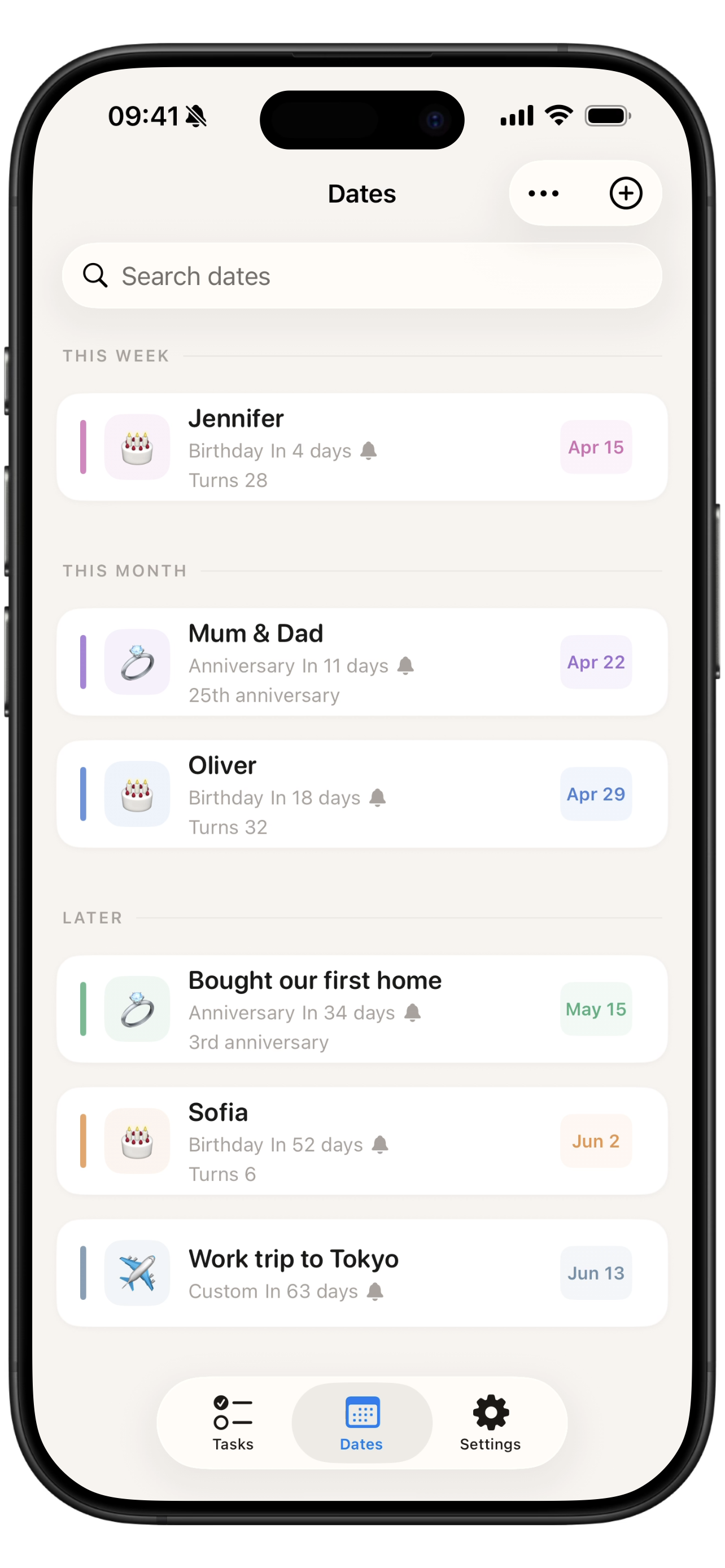 Lapse dates screen with upcoming birthdays and anniversaries.