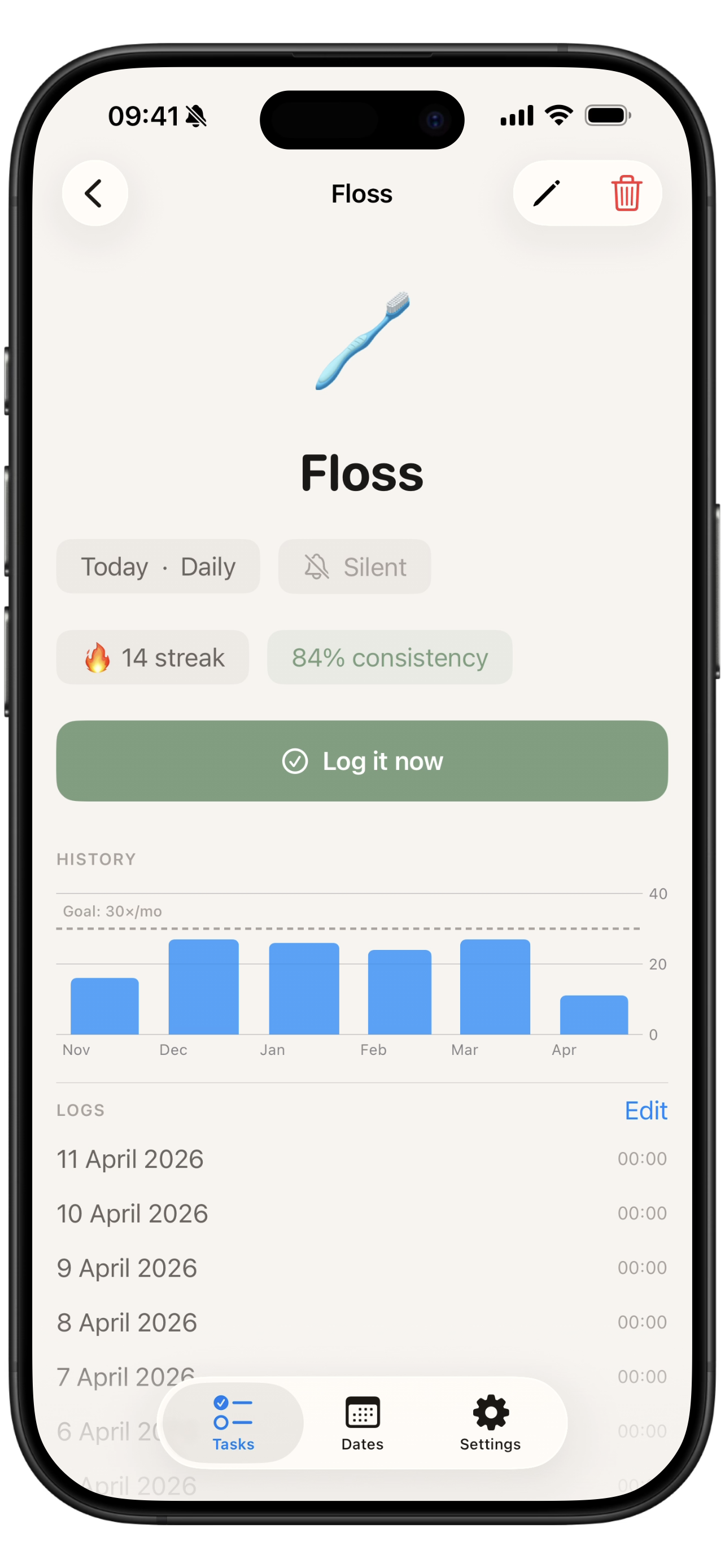 Lapse task detail screen with history and logging.