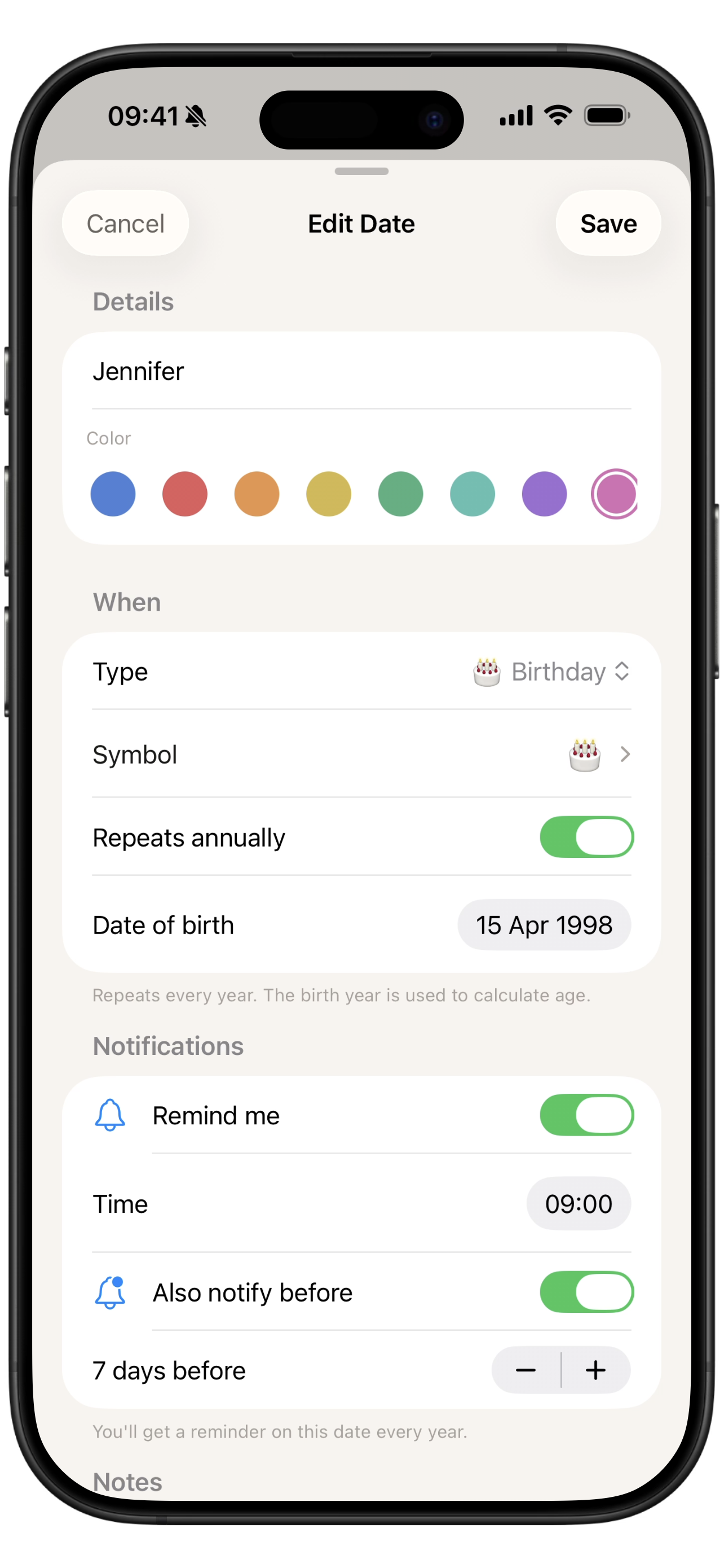 Lapse date editor screen with reminder settings.